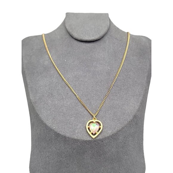 Aurora Borealis Heart Rhinestone 17" Necklace & Dangle Clip On Earrings GoldTone - Picture 3 of 16